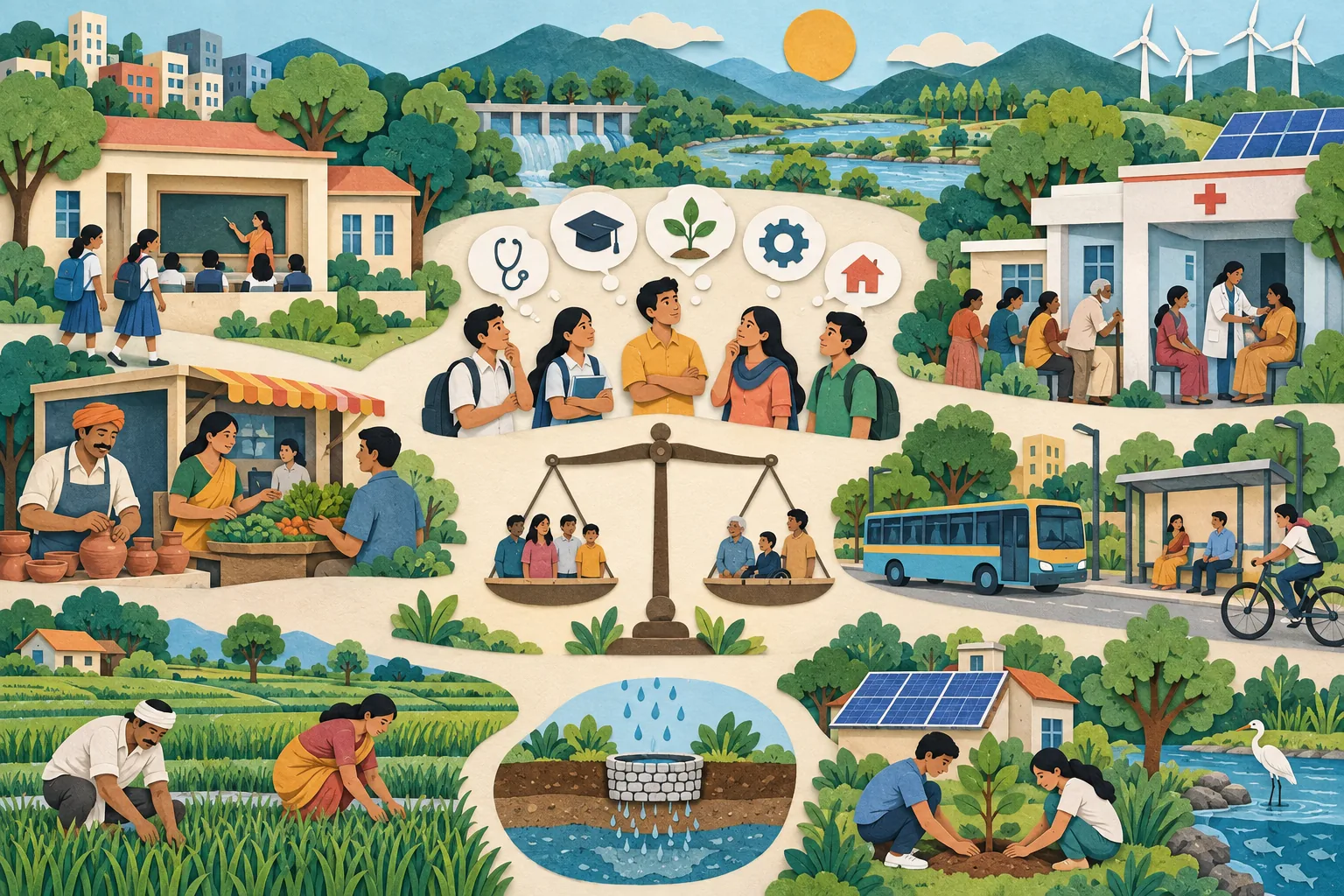 Connected Indian community showing work, public services, fair comparison and protected natural resources.