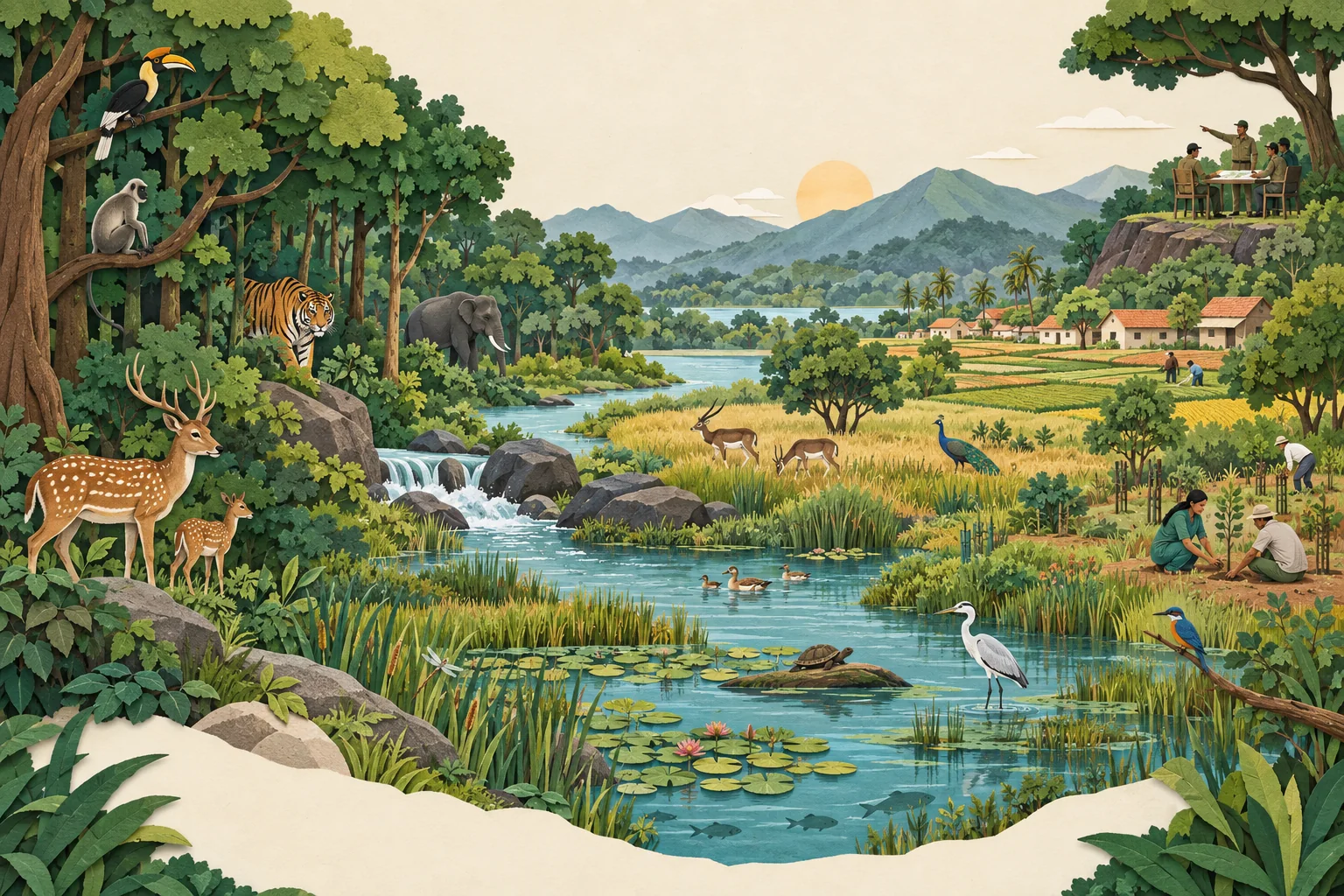A connected Indian forest landscape linking woodland, river, wetland, farms, wildlife, villages and community restoration.